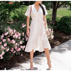 RP Rachel Parcell Women Midi Dress Pink peach Sheer Ruffle Sleeves wrap Lined XS